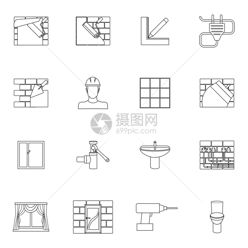 家庭维修改造大纲图标与工作工具隔离矢量插图图片