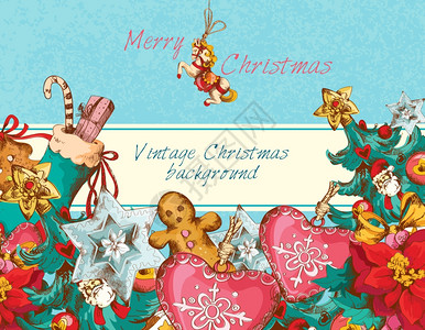 复古诞假期素描彩色背景与新树装饰矢量插图图片