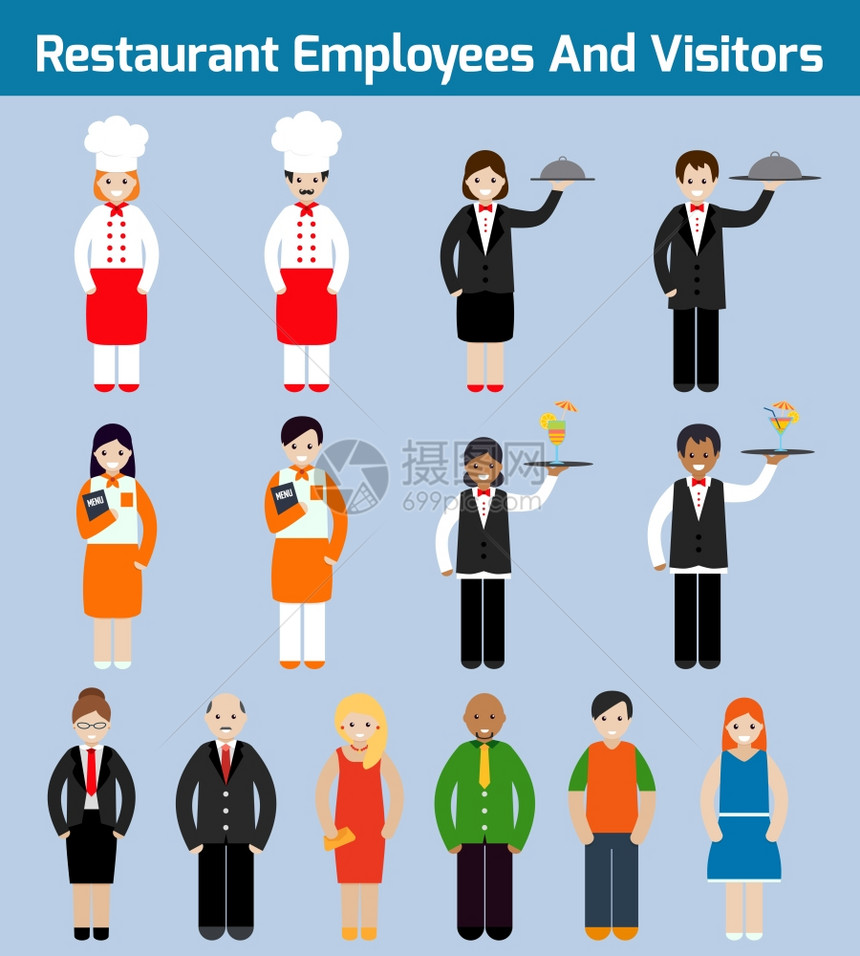 餐厅员工游客平化身与服务员厨师仆人隔离矢量插图图片