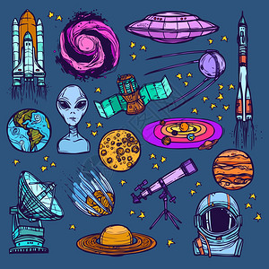 天文学素描彩色装饰图标集卫星外星行星孤立矢量插图图片