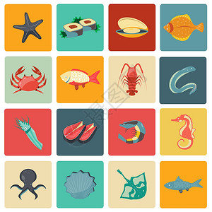 章鱼须小卷海鲜图标平与海马鳗鱼黄貂鱼寿司孤立插图插画