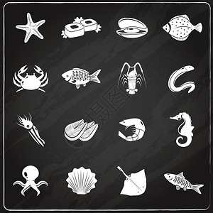 蟹子虾仁烧麦图海鲜图标黑板与寿司海鲜餐厅菜单隔离矢量插图插画