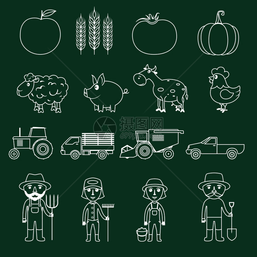 农场农业农民化身大纲商业图标孤立矢量插图图片