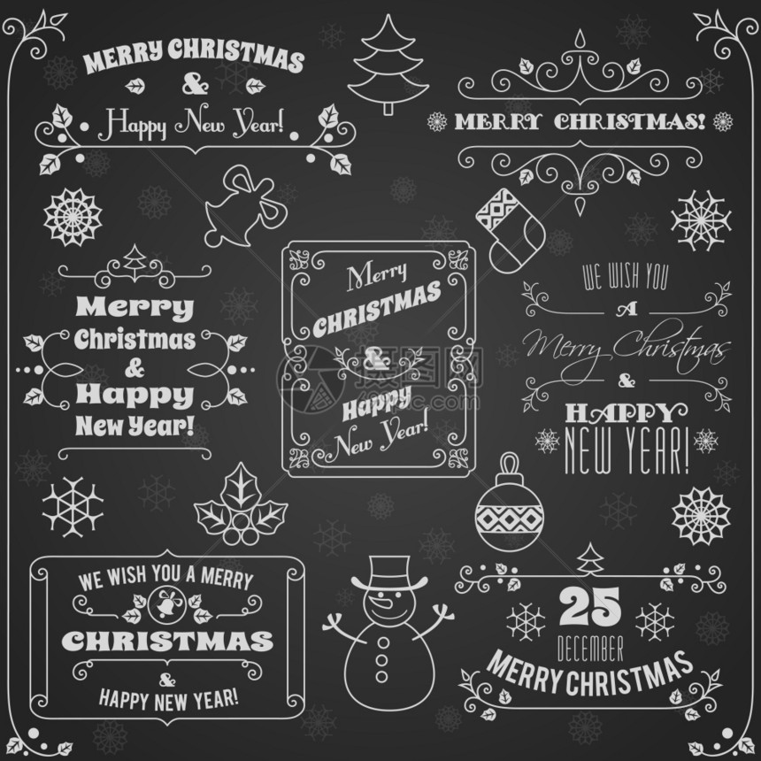 诞快乐新快乐,节日装饰,黑板标签矢量插图图片