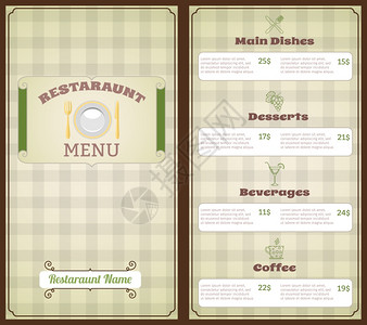 餐厅菜单列表模板与主菜,甜点,饮料,咖啡矢量插图背景图片