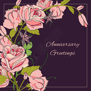 老式玫瑰花婚纪念日明信片与黑暗背景矢量插图图片