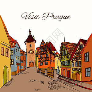 老城布拉格市复古建筑素描旅游明信片矢量插图图片