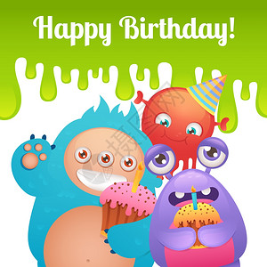 可爱的卡通怪物派趣的外星人物与蛋糕快乐生日卡模板矢量插图图片