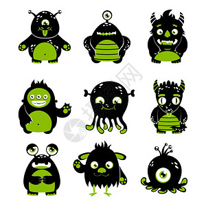 可爱的卡通怪物,趣的外星人物,黑色绿色图标矢量插图图片