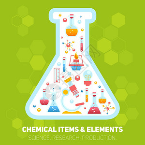 科学研究,化学教育,实验室设备元素,实验室瓶信息图集矢量插图图片