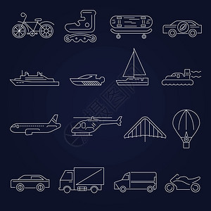 运输大纲图标与滑板车飞机游艇孤立矢量插图图片