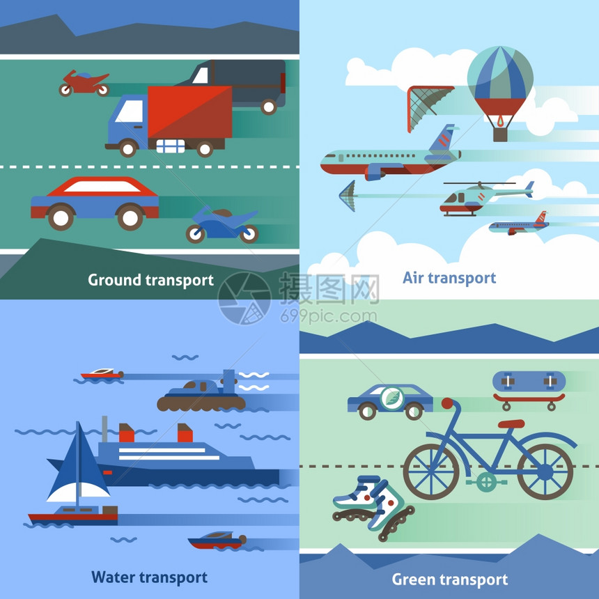 运输平与地空气水绿色运输隔离矢量图图片