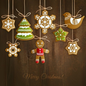 诞快乐假日装饰背景与姜人雪花树饼干矢量插图图片