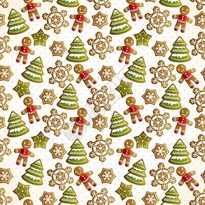 诞节装饰无缝图案与甜饼树,雪花生姜男子矢量插图图片