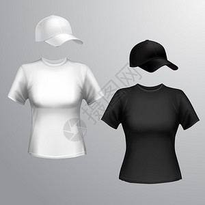 妇女黑白T恤棒球帽正隔离灰色背景矢量插图图片