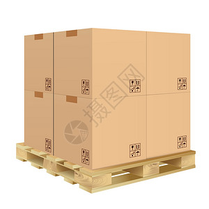 牛皮纸箱包装盒棕色封闭纸箱送货包装盒与脆弱的标志木制托盘上隔离白色背景矢量插图插画