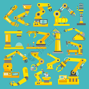 工业装饰机器人手臂制造技术工业装配机械平装饰图标孤立矢量插图插画