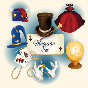 魔术师装饰彩色图标与魔术帽子卡缸孤立矢量插图图片