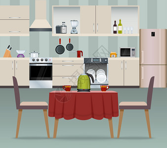 厨房内部现代家庭食品烹饪餐厅现实海报矢量插图背景图片