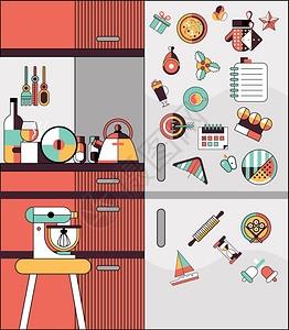 厨房内部现代家庭食品烹饪平线矢量插图图片