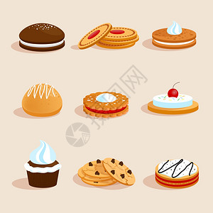 甜糖巧克力饼干装饰图标奶油樱桃装饰孤立矢量插图图片
