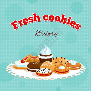 纸杯模板包店复古海报与新鲜饼干刻字同的甜点餐巾纸矢量插图插画