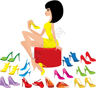 短跟鞋轻的女人试穿鞋子插画