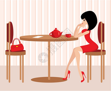 米色连衣裙咖啡馆里的轻女人插画