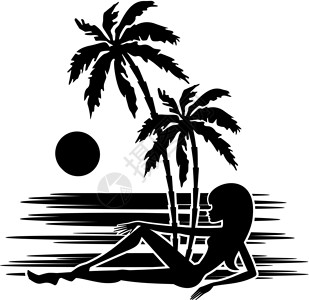 热带地区白色背景上的棕榈树女人的剪影图片