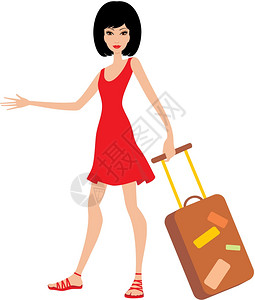 红色手提箱穿着红色连衣裙着手提箱的女人插画