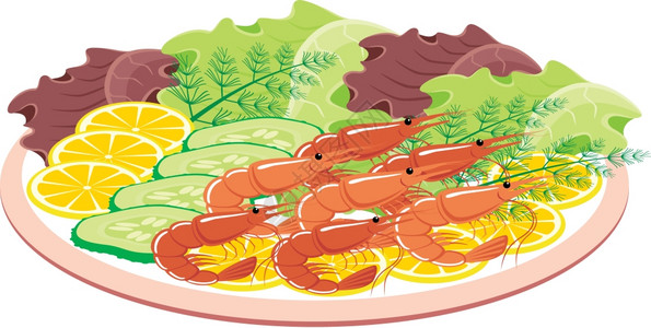 柠檬沙拉虾蔬菜的菜插画