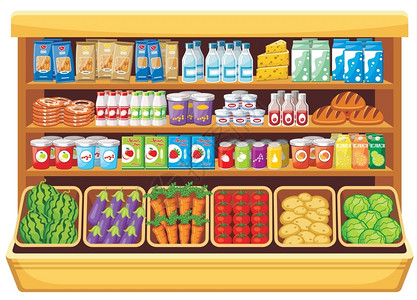 烤土豆奶酪焗超市里同产品的货架形象插画