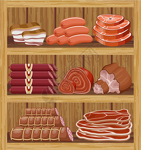 肉类包装肉制品的架子肉类市场矢量插画