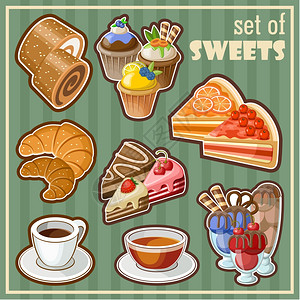 茶甜点同糖果的老式图标的图像矢量插图插画