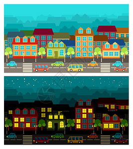 城市街道房屋道路汽车的形象矢量插图背景图片