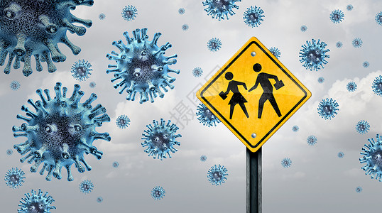 学校用细胞交通标志以此警告学生预防冠状病毒隔离高清图片素材