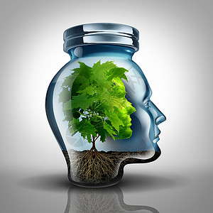 精神分析学内心成长理学概念和个人发展理作为玻璃罐形成人头里面有一棵树代表心理健康有3个插图元素背景