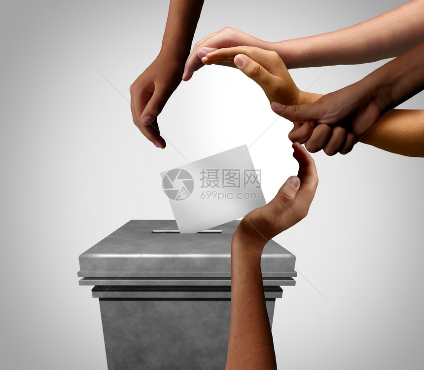 作为民主的选和投票人的多样概念和不同手在投票站如同多文化手拿着一张带有3个插图要素的空白纸图片