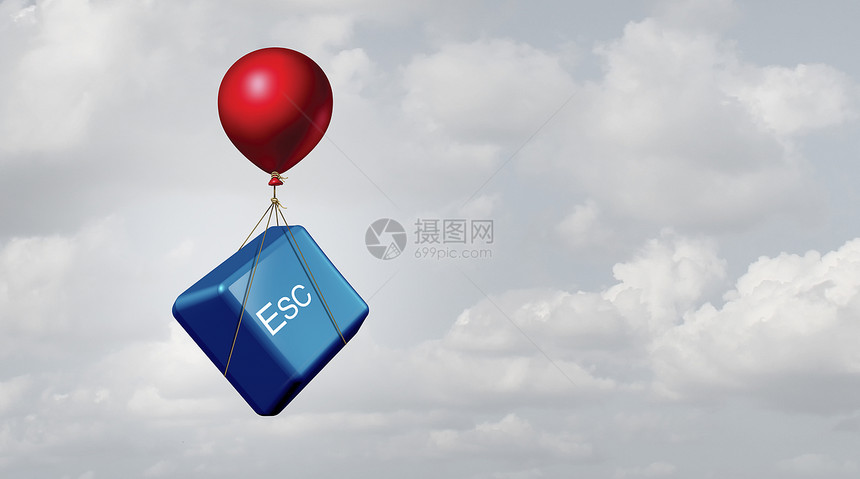 逃离商业自由概念的作为esc计算机键由配有三维插图元素的气球解除图片