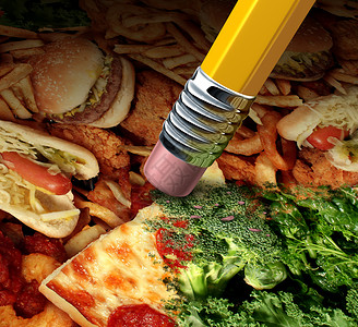 抹眼霜改变饮食习惯将油脂肪快餐的画面用铅笔抹去将健康绿色蔬菜作为改变营养生活方式的理念设计图片