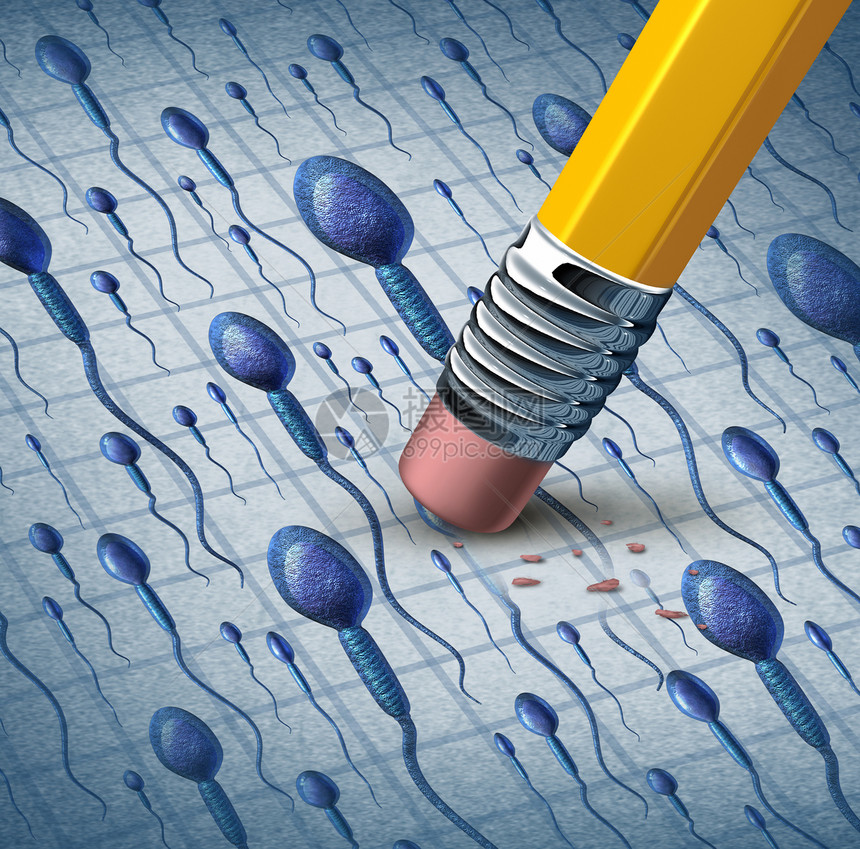 男生育有医学风险因为一组人类精子细胞有近身微小精子细胞游泳一个黄色铅笔擦拭器除去细胞作为不孕的象征图片