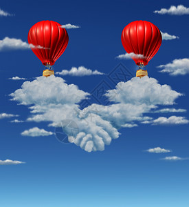 股权转让协议高股权协议商业概念有两个红热气球商人聚集在一起飞过云层形成握手或为大合同的财务象征背景