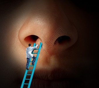 鼻科医疗护理概念是如果需要进行犀利板手术或整形则由医生爬上梯子进行检查并对可能因感染或鼻腔炎病而呼吸困难的人进行诊断背景图片