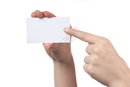 妇女手持空无一物的探亲卡用白孤立手指着卡片高清图片