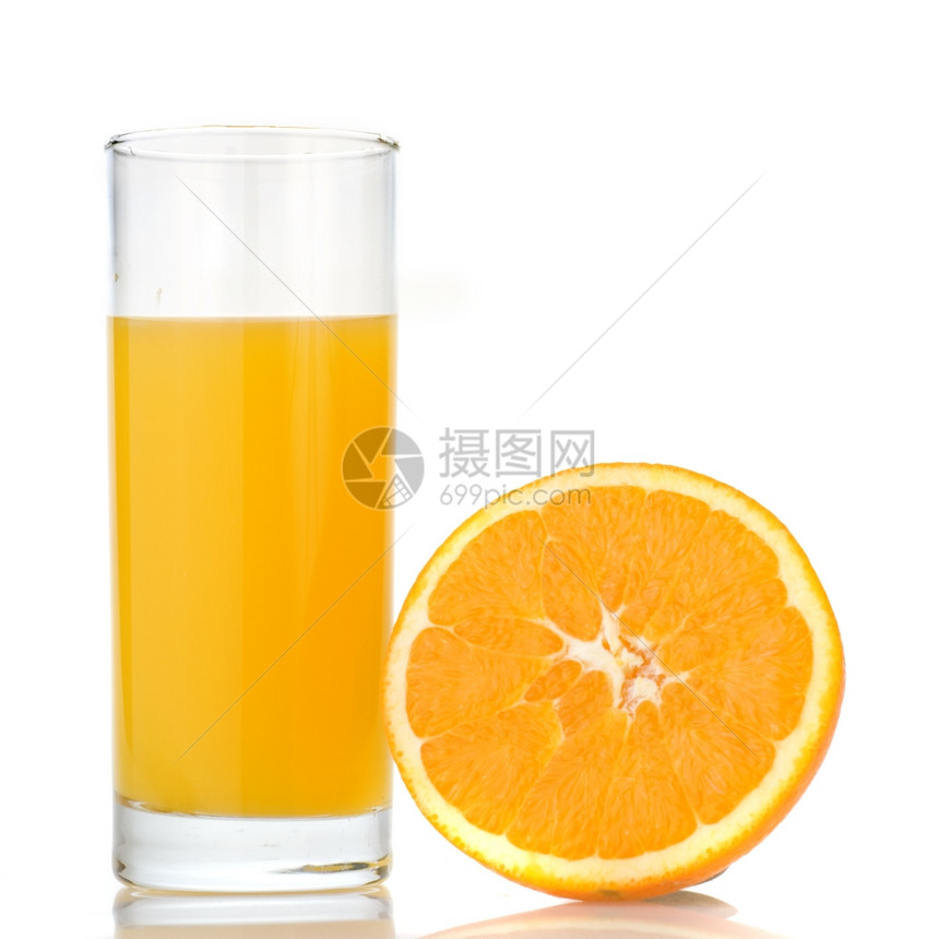白上隔离的橙汁和图片