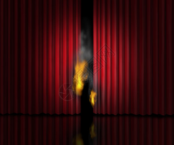 这是你的舞台热节目娱乐概念是一个戏剧舞台红色天鹅绒窗帘或燃烧着火焰和烟雾背景