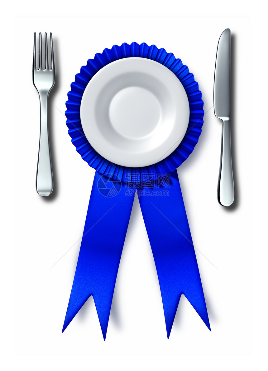 最佳烹饪理念是作为蓝丝带奖的叉刀和盘子图片