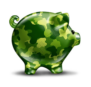 金融防卫保护以坚固的军事伪装油漆的猪肉银行作为金融象征安全信托和保险从盗贼商业犯罪在白色背景背景图片
