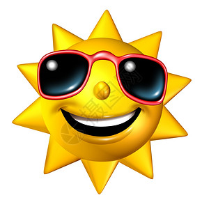 微笑太阳卡通快乐的夏天微笑阳光与太镜在正面的视野一个发光热的季节欢乐球和象征假期放松在阳光明媚的天气孤立在白色背景