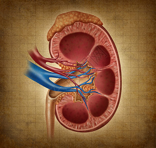 肾脏健康人体肾脏在血槽纹理上作为医学图表以内器官和肾上腺的交叉部分作为医疗护理并用学来说明尿道系统的解剖背景